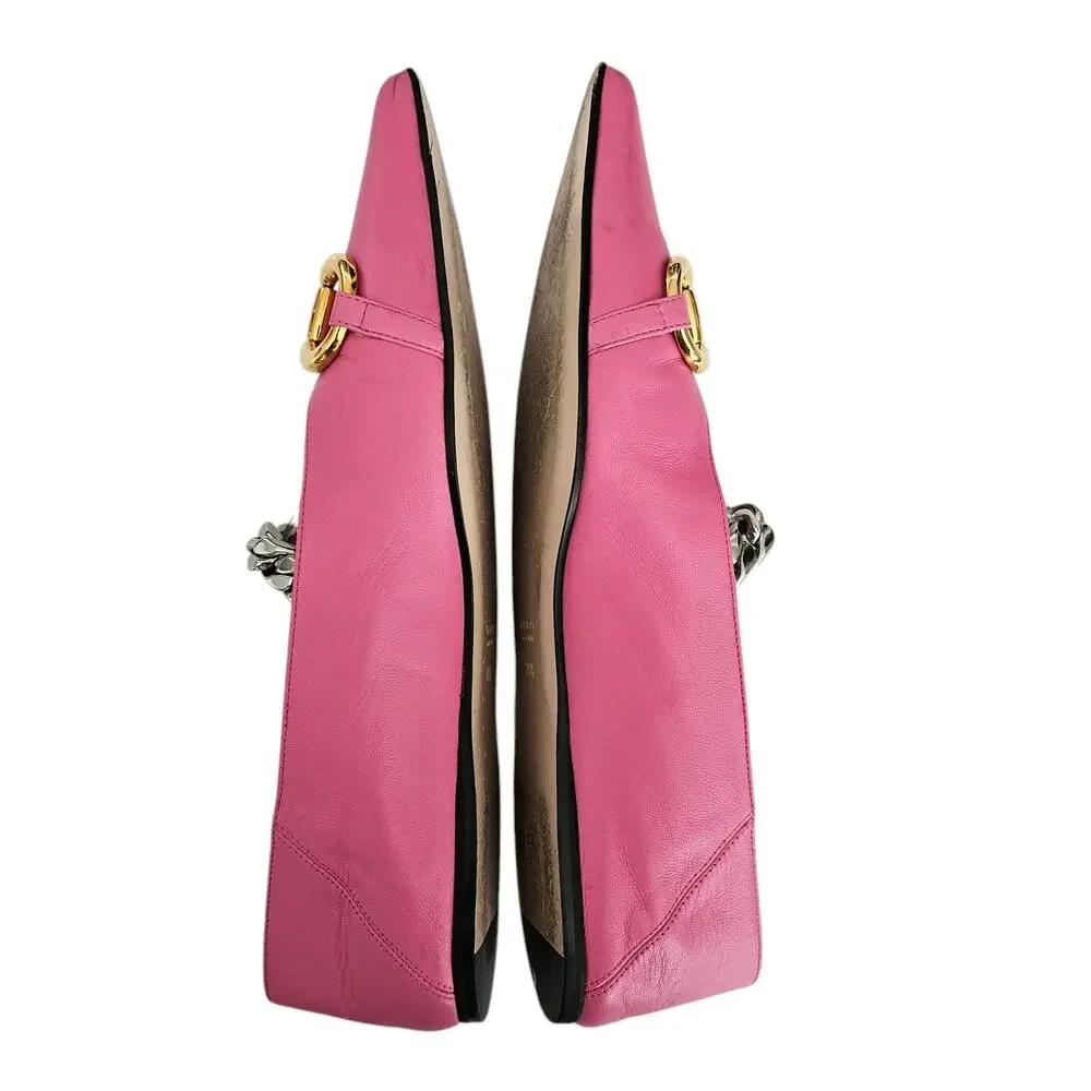 Gucci Horsebit Chain Pointed Toe Ballet Flat Size 38.5 US 8.5 Pink Gold Silver